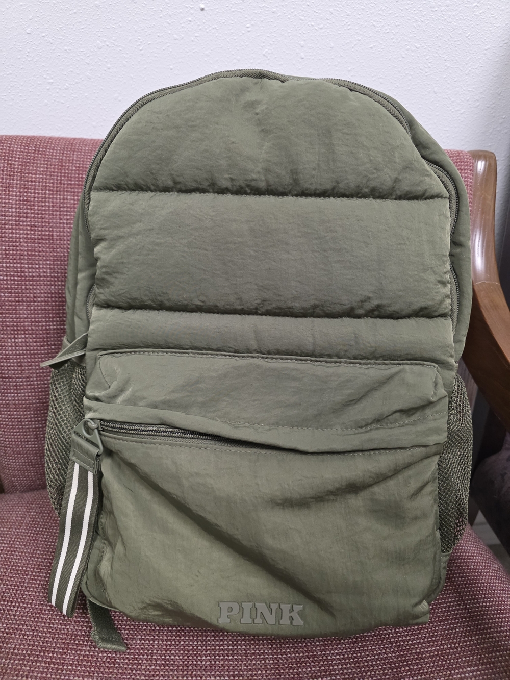 PINK Victoria's Secret Olive Green Quilted Backpack